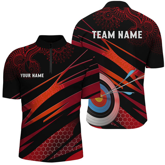 Personalized Red Black 3D Target Archery Quarter-Zip Shirts For Men, Tribal Pattern Archery Shirts VHM0678