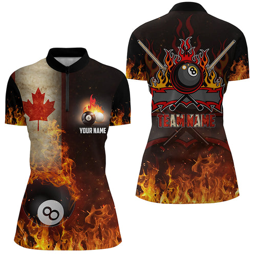 Personalized Customized Canadian Flag 8 Ball Pool On Fire 3D Billiard Quarter-Zip Shirts For Women VHM0680