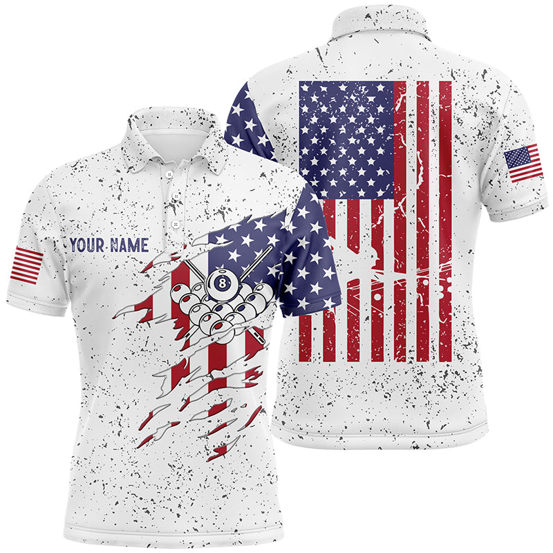 Personalized Billiard Balls US Flag White Grunge Polo Shirts For Men, Custom Billiard Pool Shirts  VHM0065