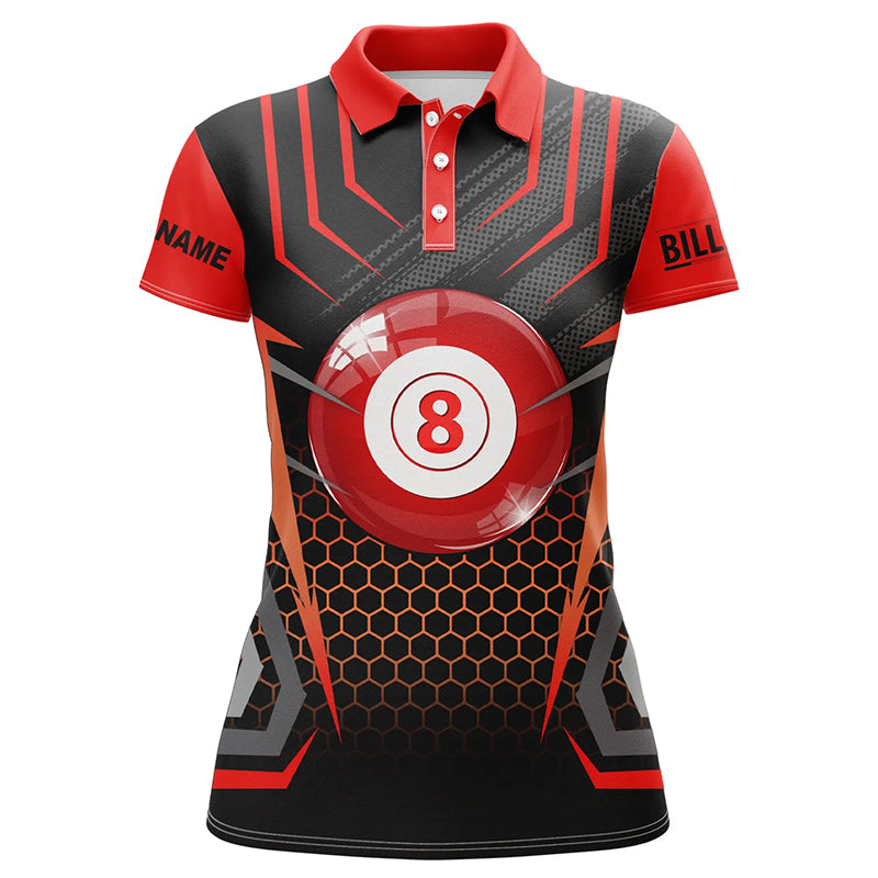 Personalized Black Red 8 Ball Pool Polo Shirts For Women, Custom Name Billiard 8 Ball Jerseys VHM0819