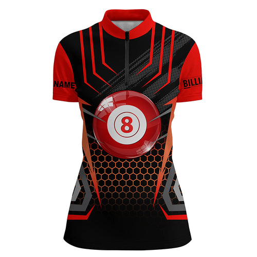 Personalized Black Red 8 Ball Pool Quarter-Zip Shirts For Women, Custom Name Billiard 8 Ball Jerseys VHM0819
