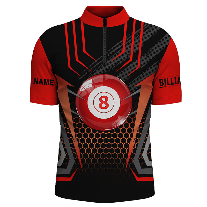Personalized Black Red 8 Ball Pool Quarter-Zip Shirts For Men, Custom Name Billiard 8 Ball Jerseys VHM0819