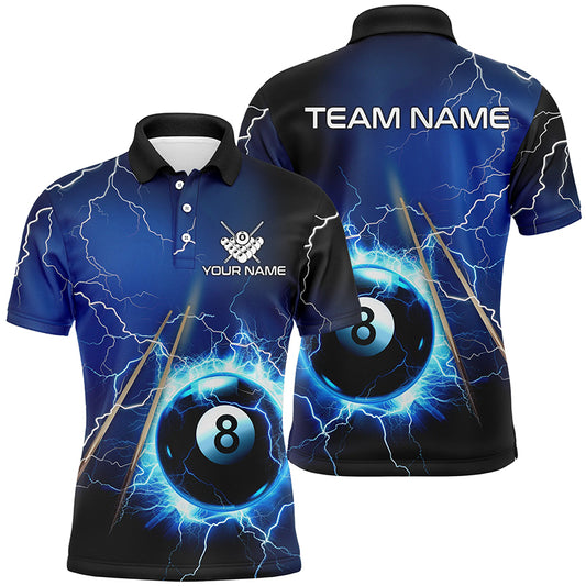 Personalized Thunder Lighting Blue 8 Ball Billiards Polo Shirts For Men Custom 8 Ball Pool Jerseys VHM1171