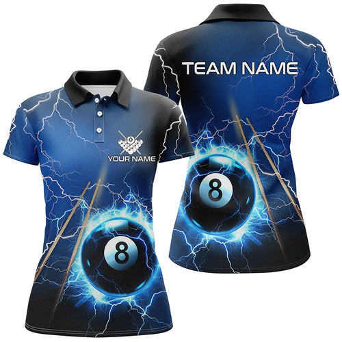Personalized Thunder Lighting Blue 8 Ball Billiards Polo Shirts For Women Custom 8 Ball Pool Jerseys VHM1171
