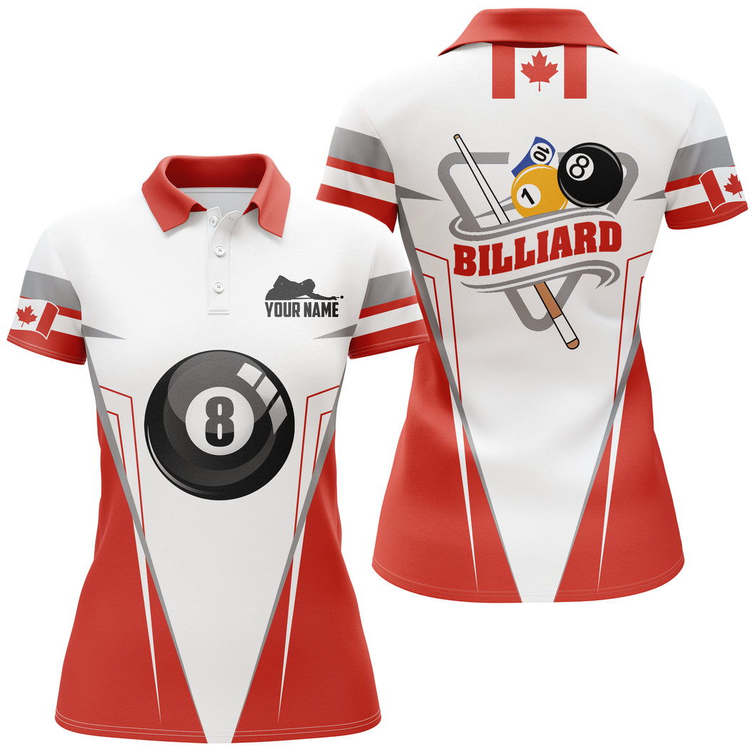 Personalized Canadian Flag Billiards Polo Shirts For Women, Custom 8 Ball Pool Player Jerseys VHM0265