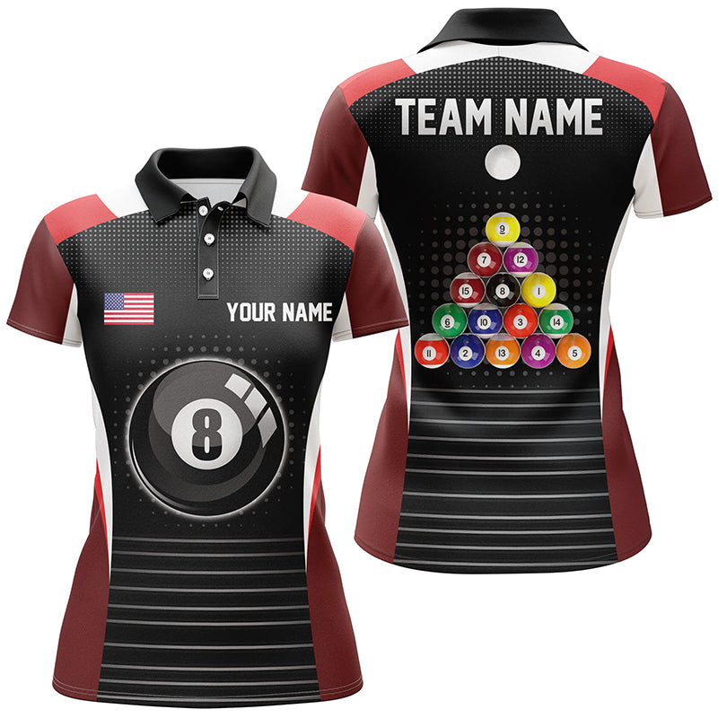 Personalized US Flag 8 Ball Pool Red Black Billiard Polo Shirts For Women, Billiard Balls Jerseys VHM0502