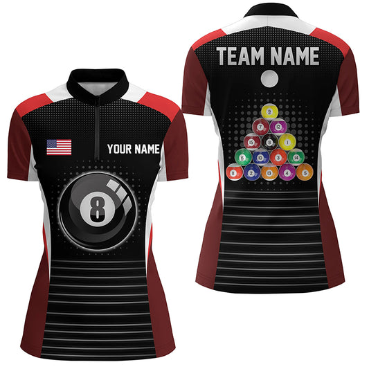 Personalized US Flag 8 Ball Pool Red Black Billiard Quarter-Zip Shirts For Women, Billiards Jerseys VHM0502