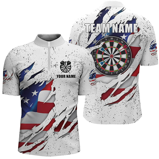 Personalized White Grunge US Flag Darts Quarter-Zip Shirts Custom Patriotic Dart Jerseys For Men VHM1114