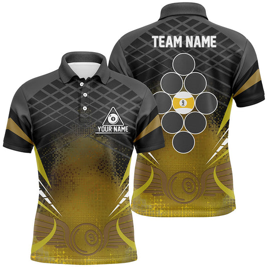 Personalized 9 Ball Pool Billiards Black Yellow 3D Polo Shirts For Men, Billiard Balls Jerseys VHM0507