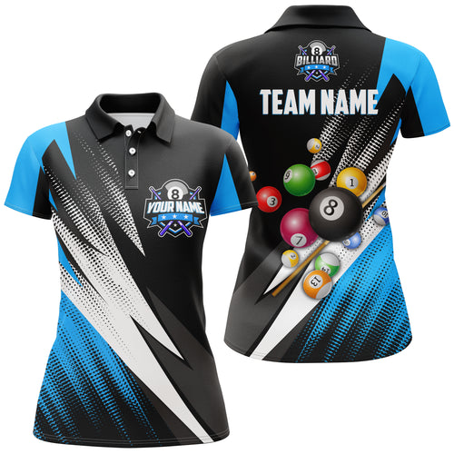 Personalized 8 Ball Pool Billiard Balls Blue 3D Polo Shirts For Women, Custom Pool Billiards Jerseys VHM0302