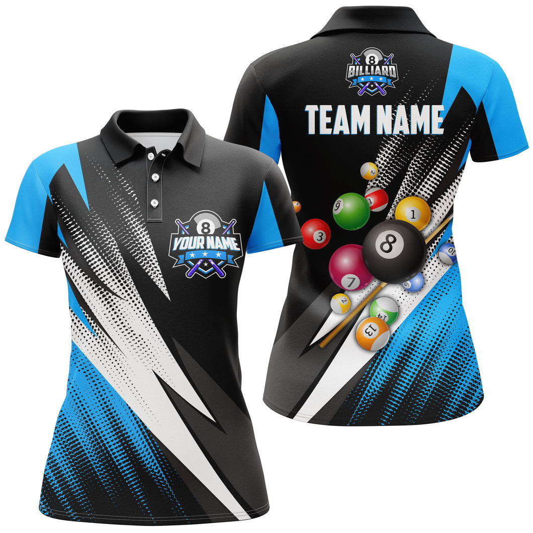 Personalized 8 Ball Pool Billiard Balls Blue 3D Polo Shirts For Women, Custom Pool Billiards Jerseys VHM0302