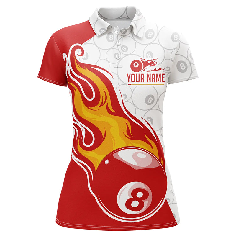 Personalized 8 Ball Flame Billiard White Red 3D Polo Shirts For Women, Custom 8 Ball Pool Shirts VHM0305