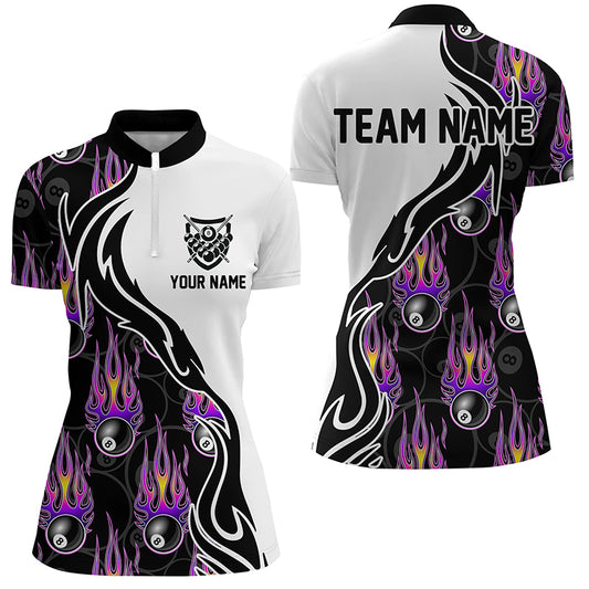 Personalized Billiard 8 Ball Flaming Pattern Purple Quarter-Zip Shirts For Women, Billiards Jerseys VHM0527