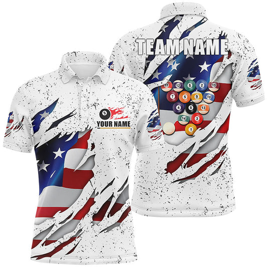 Billiards Balls US Flag White Grunge Custom Name Billiard Polo & Quarter Zip Shirts For Men, 8 Ball Pool Jerseys VHM0095