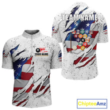 Load image into Gallery viewer, Billiards Balls US Flag White Grunge Custom Name Billiard Polo &amp; Quarter Zip Shirts For Men, 8 Ball Pool Jerseys VHM0095