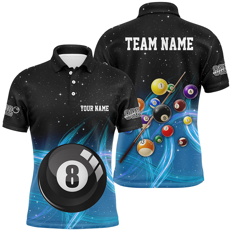 Personalized Blue Gradient 8 Ball Billiard 3D Polo Shirts For Men, Custom 8 Ball Pool Team Jerseys VHM1060