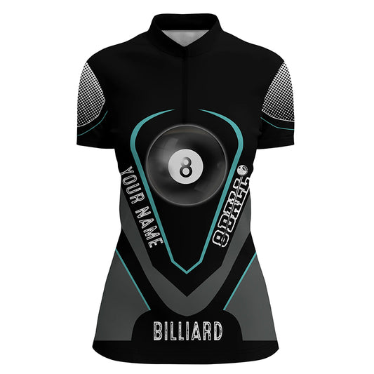 Personalized Style Black Blue 8 Ball Billiard 3D Quarter-Zip Shirts For Women, 8 Ball Pool Jerseys VHM1065