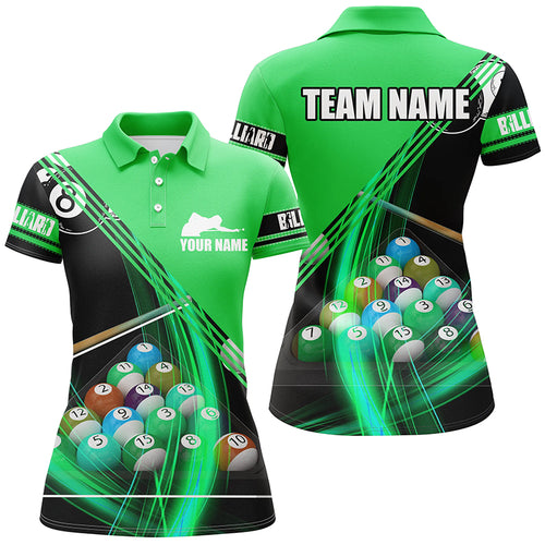 Personalized Billiard Balls Green 3D Polo Shirts For Women, Custom Player Billiards Pool Jerseys VHM0156