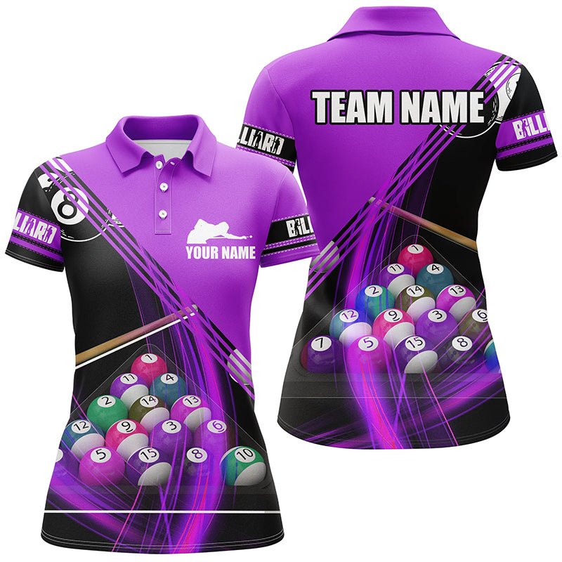 Personalized Billiard Balls Purple 3D Polo Shirts For Women, Custom Player Billiards Pool Jerseys VHM0159