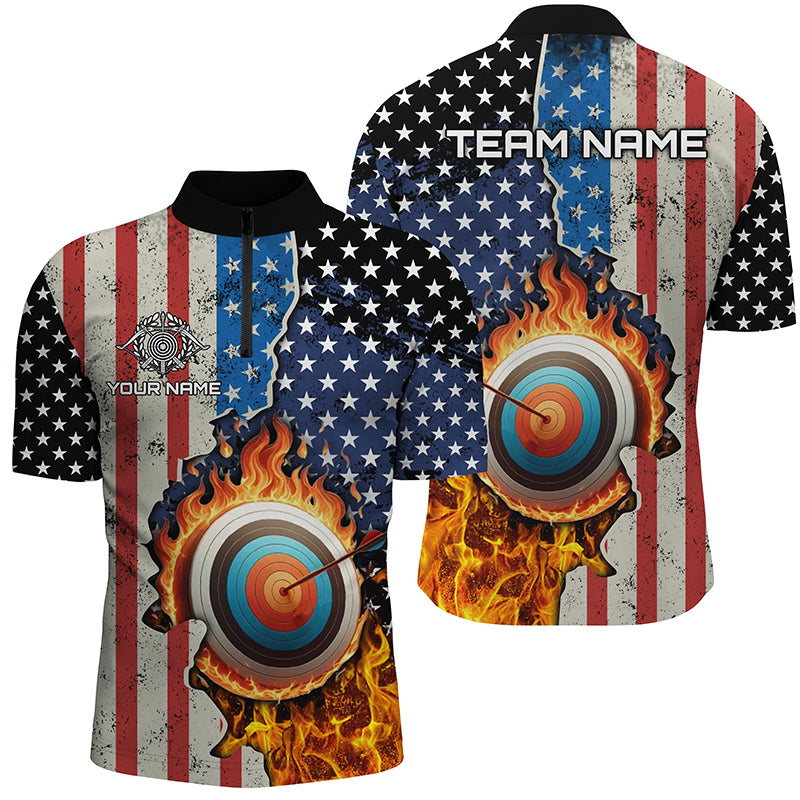 Personalized US Flag Flame Target Archery 3D Quarter-Zip Shirts For Men, Archery Team Shirts Design VHM1076