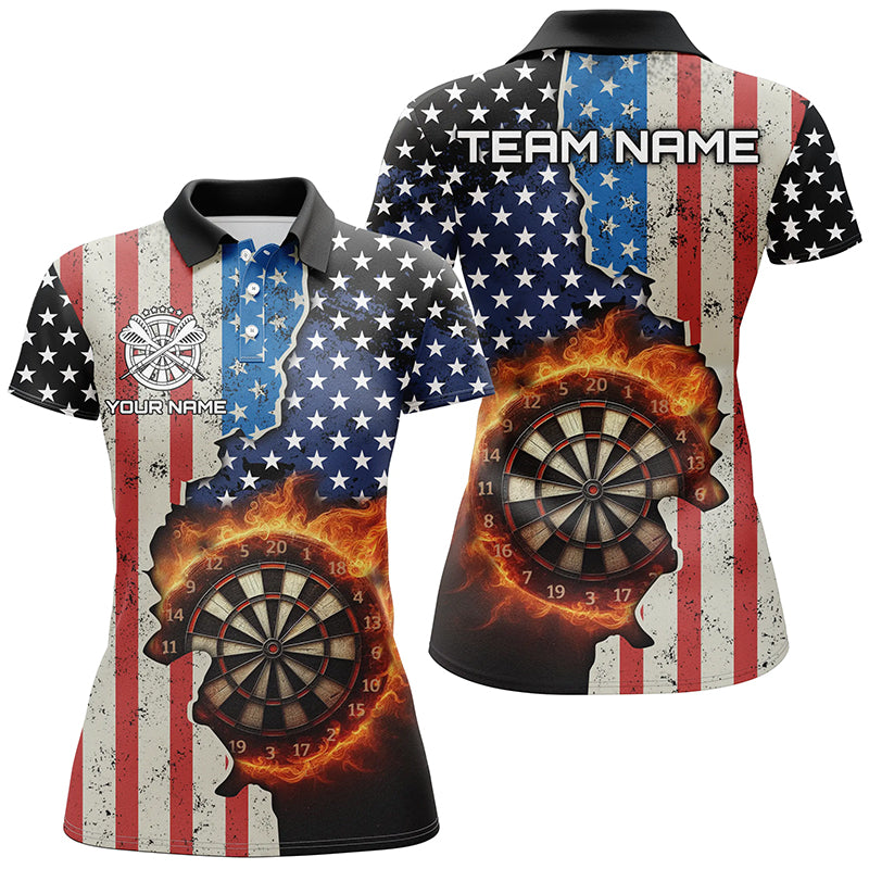 Personalized US Flag Fire Dartboard Dart 3D Polo Shirt For Women, Custom Team Name Women Dart Jerseys VHM1077