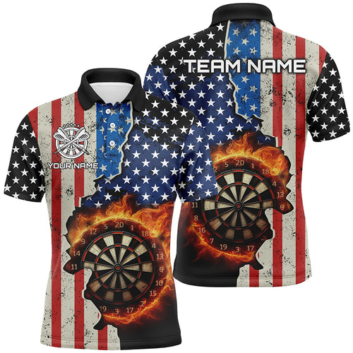 Personalized US Flag Fire Dartboard Dart 3D Polo Shirts For Men, Custom Team Name Mens Dart Jerseys VHM1077