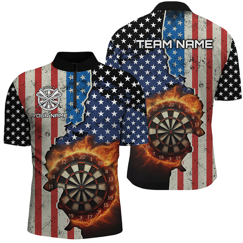 Personalized US Flag Flame Dartboard Dart 3D Quarter-Zip Shirts For Men, Custom Mens Dart Jerseys VHM1077