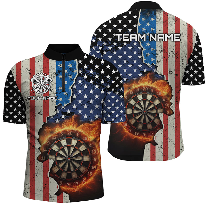 Personalized US Flag Flame Dartboard Dart 3D Quarter-Zip Shirts For Men, Custom Mens Dart Jerseys VHM1077