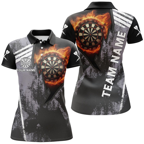 Personalized Grunge Black Flame Dartboard Dart 3D Polo Shirt For Women, Custom Women Dart Jerseys VHM1078