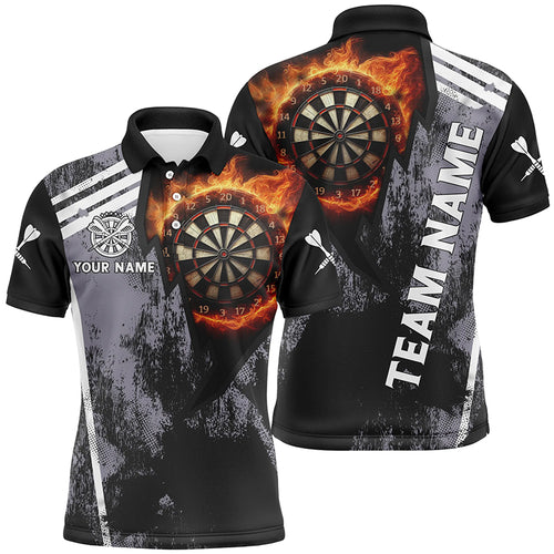 Personalized Grunge Black Flame Dartboard Dart 3D Polo Shirts For Men, Custom Mens Dart Jerseys VHM1078