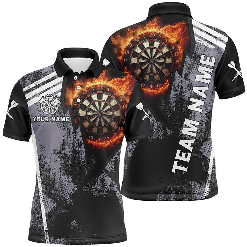 Personalized Grunge Black Flame Dartboard Dart 3D Polo Shirts For Men, Custom Mens Dart Jerseys VHM1078