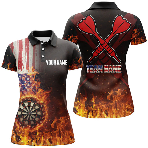 Personalized US Flag Fire Dartboard Dart 3D Polo Shirt For Women, Custom Patriotic Women Dart Jerseys VHM1079