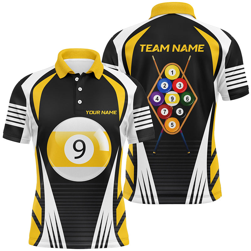 Personalized Yellow White 9 Ball Pool 3D Polo Shirts For Men, Custom 9 Ball Team Billiard Jerseys VHM0597