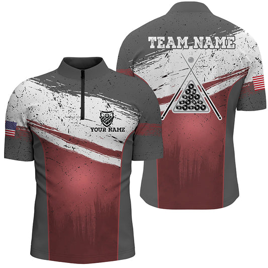 Personalized US Flag 8 Ball Pool Quarter-Zip Shirts For Men, Red Grunge Billiard Balls Jerseys VHM0780