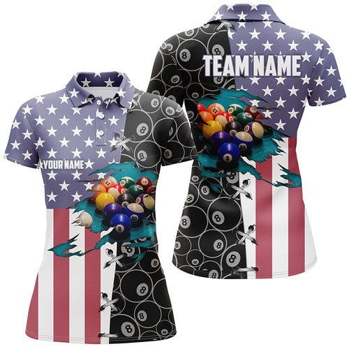 Personalized American Flag Billiard Polo Shirts For Women, Custom 8 Ball Pattern Pool Balls Jerseys VHM0184