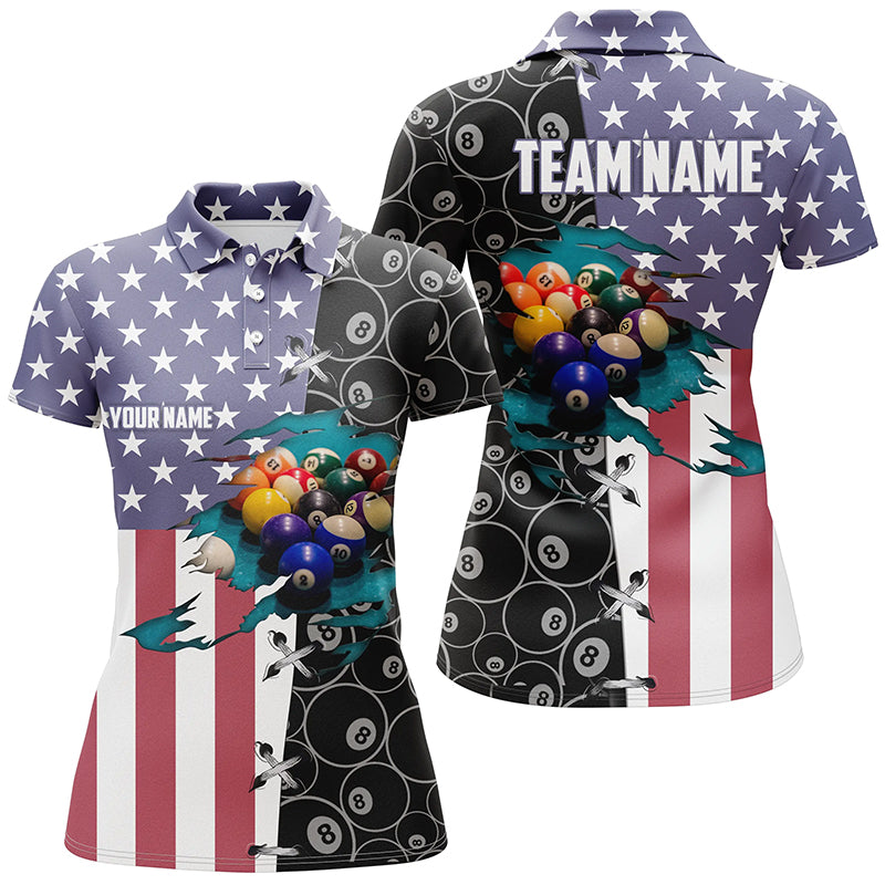 Personalized American Flag Billiard Polo Shirts For Women, Custom 8 Ball Pattern Pool Balls Jerseys VHM0184