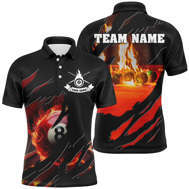 Personalized Fire 8 Ball Pool Polo Shirts For Men, Custom 3D Flame Billiard Balls Team Jerseys VHM0785