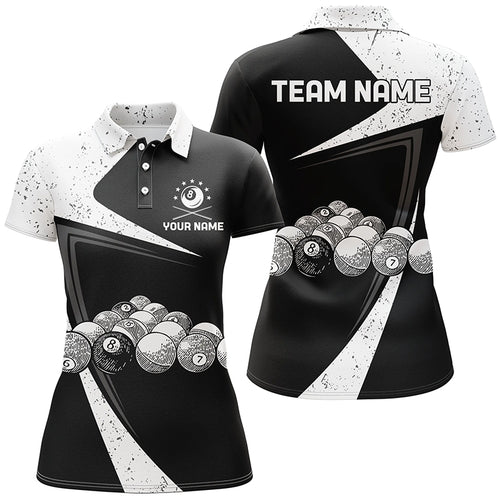 Personalized Black White Grunge Billiard Balls Polo Shirts For Women, Custom 8 Ball Pool Team Shirts VHM0787