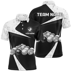 Personalized Black White Grunge Billiard Balls Polo Shirts For Men, Custom 8 Ball Pool Team Shirts VHM0787