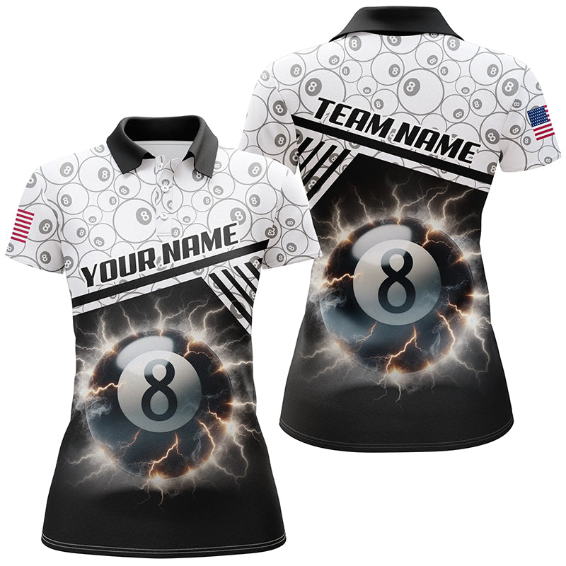 Personalized Thunder Lighting 8 Ball Billiard 3D Polo Shirts For Women, Custom 8 Ball Pool Jerseys VHM1011