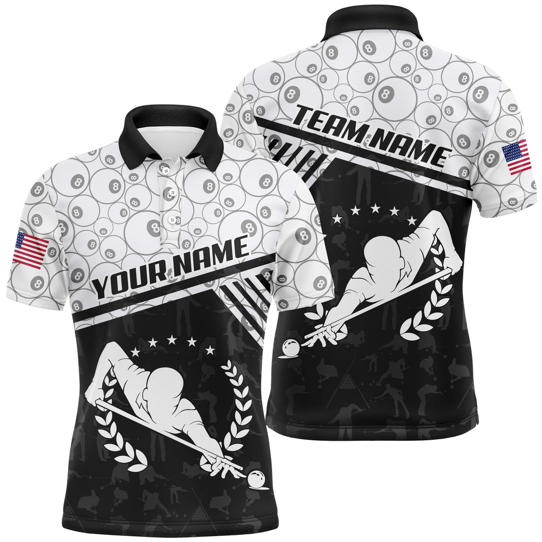 Personalized 8 Ball Pattern Billiard Polo Shirts For Men, Custom Pool Player US Flag Billiard Jerseys VHM0188