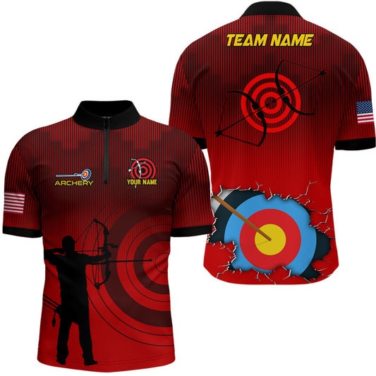 Personalized 3D Target Archery Silhouette Archer Quarter-Zip Shirts For Men, US Flag Archery Shirts VHM0636
