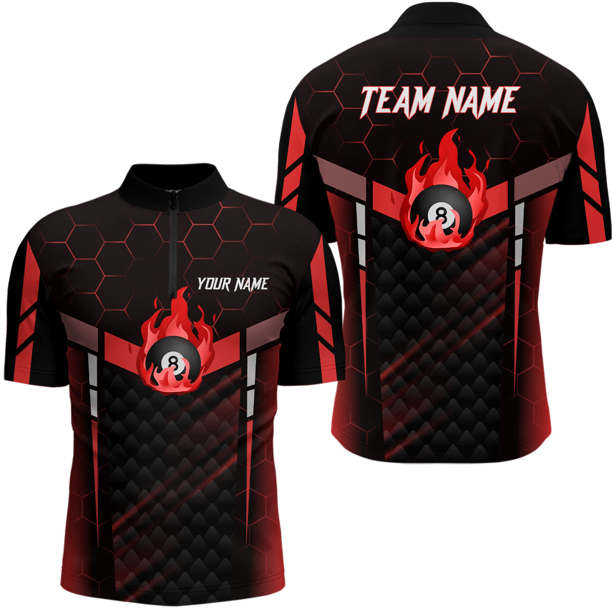 Personalized Red Fire 8 Ball Billiard 3D Quarter-Zip Shirts For Men, 8 Ball Pool Team Jerseys VHM1018
