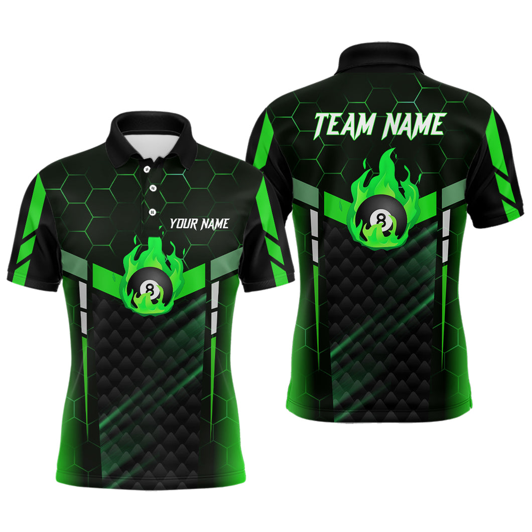 Personalized Green Fire 8 Ball Billiard 3D Polo Shirts For Men, Custom 8 Ball Pool Team Jerseys VHM1019