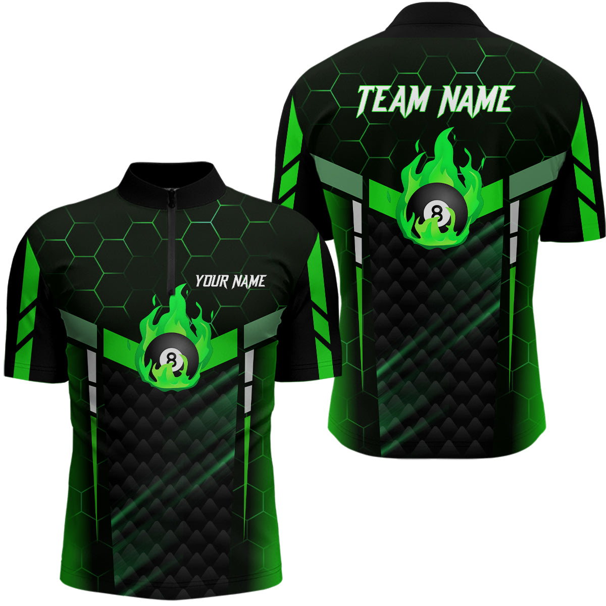 Personalized Green Fire 8 Ball Billiard 3D Quarter-Zip Shirts For Men, 8 Ball Pool Team Jerseys VHM1019
