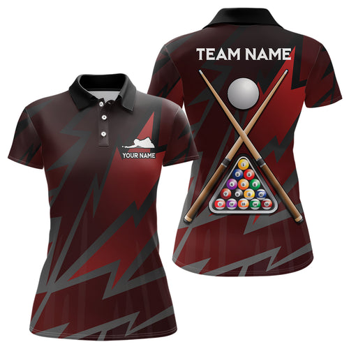 Personalized Pool Player Billiards Red Black 3D Polo Shirts For Women, Custom Billiard Balls Jerseys VHM0435