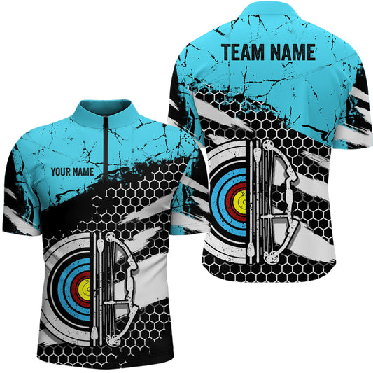 Personalized Retro Blue Black Target Archery Quarter-Zip Shirts For Men Custom Archery Team Shirts VHM0642