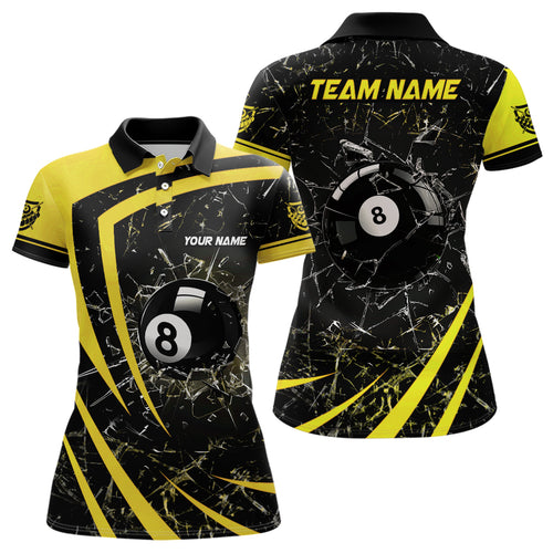 Personalized Yellow Glass Break 8 Ball Billiard 3D Polo Shirts For Women, Custom 8 Ball Pool Jerseys VHM1152