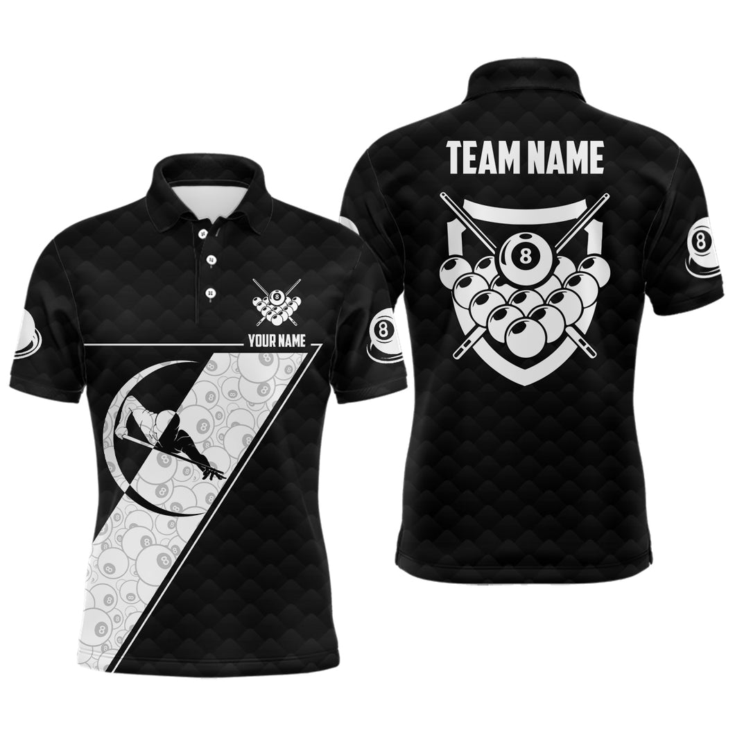 Personalized 8 Ball Pattern Billiard White Black Polo Shirts For Men, Custom Pool Player Jerseys VHM0445