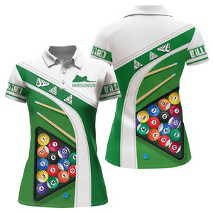 Personalized Green White Billiard Balls 3D Polo Shirts For Women, Custom 8 Ball Billiards Jerseys VHM0056